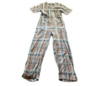 Bobbie Wren Womens Plaid Jumpsuit Romper Tan Short Sleeve Size Small